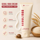 Crema coreana K-SECRET Seoul 1988 con mucina de caracol 93% y arroz, para cuidado facial y humectación.