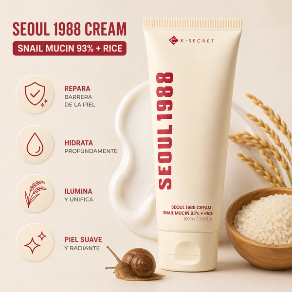 Crema coreana K-SECRET Seoul 1988 con mucina de caracol 93% y arroz, para cuidado facial y humectación.