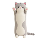 Cojín almohada peluche largo de gatito suave de 70 cm, con felpa color gris y orejas, ideal para decorar y abrazar.