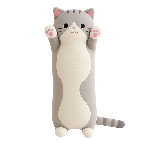 Cojín almohada peluche largo de gatito suave de 70 cm, con felpa color gris y orejas, ideal para decorar y abrazar.