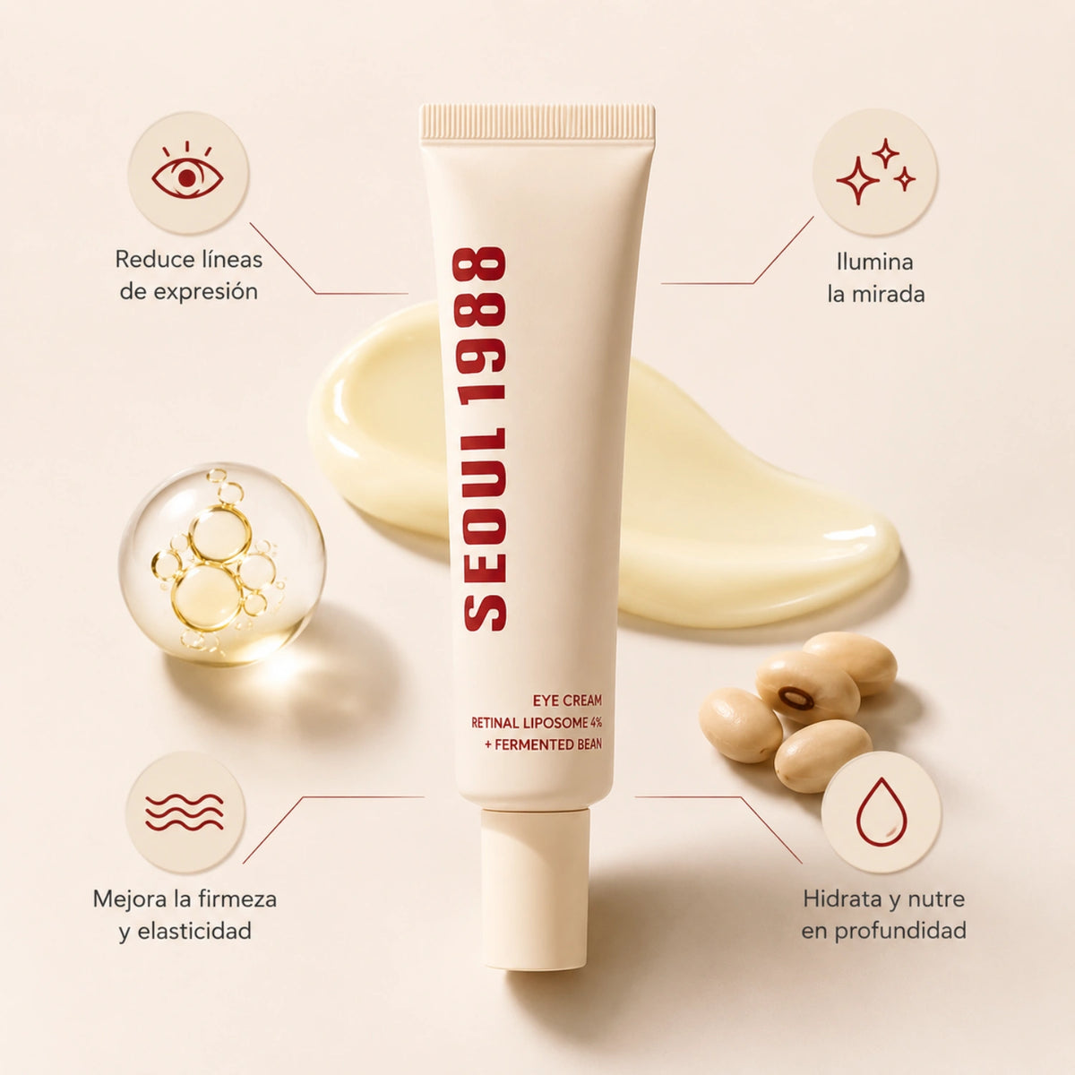Crema de ojos K-SECRET Seoul 1988 con retinol liposoma 4% y fermento de soja, en tarro con envase blanco y tapa negra.
