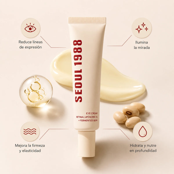Crema de ojos K-SECRET Seoul 1988 con retinol liposoma 4% y fermento de soja, en tarro con envase blanco y tapa negra.
