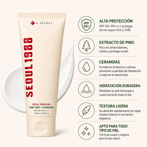 Crema facial K-SECRET Seoul 1988 Sun con árbol de pino y ceramidas para cuidado de la piel coreano.