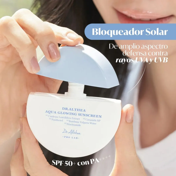 Protector solar coreano Dr Althea Aqua Glowing Sunscreen en envase de 45ml, con fórmula hidratante y brillante para la piel.