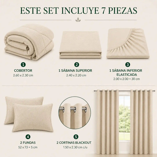 Set de cobertor Queen de 7 piezas Arena de Enigma Store, incluye cobertores y accesorios para cama tamaño queen.