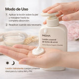 Loción corporal de leche de arroz MIDHA, crema hidratante coreana en envase de 500 ml con etiqueta y textura cremosa visible.