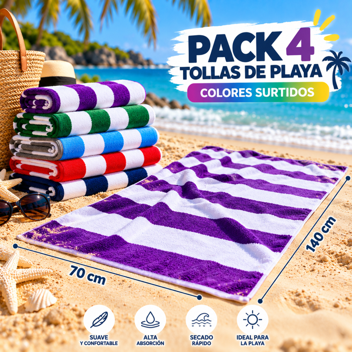 Pack 4 Toalla Playa Microfibra Franjas