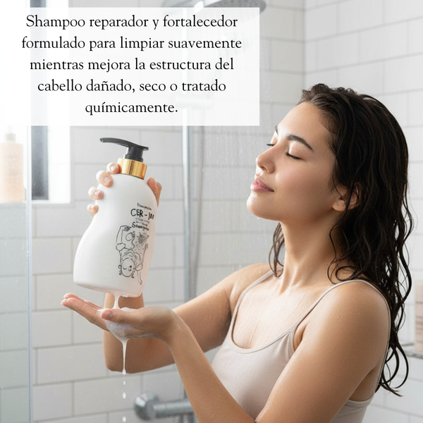 Champú Elizavecca CER-100 Collagen Hair A+ Muscle para cuidado del cabello, botella de 500ml con etiqueta azul y blanco.