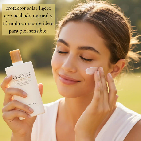 Protector solar SKIN1004 Madagascar Centella Air-Fit Suncream Plus 50ml en envase con textura ligera y fórmula para cuidado de la piel.