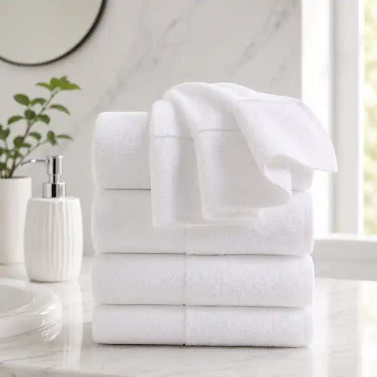 Juego de 4 toallas blancas de algodón para baño, tamaño 75x35 cm, peso 130 g, de la marca Enigma Store.