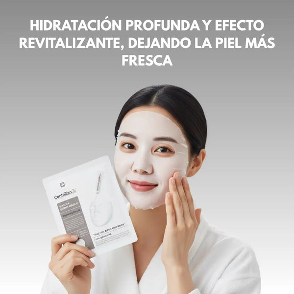 Mascarilla coreana CENTELLIAN 24 Madeca Derma para tonificación y luminosidad de la piel, en envase blanco y suave textura.