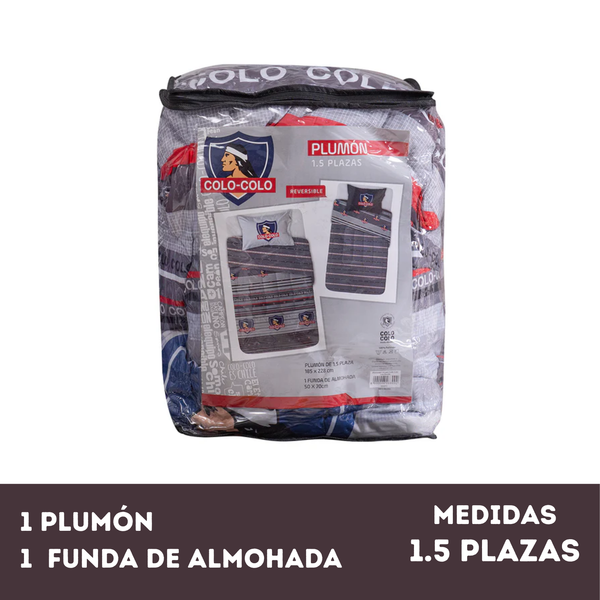 Plumón 1.5 plazas Colo-Colo Vencedores, licencia Enigma Store, color gris con diseño deportivo, en cama doble.