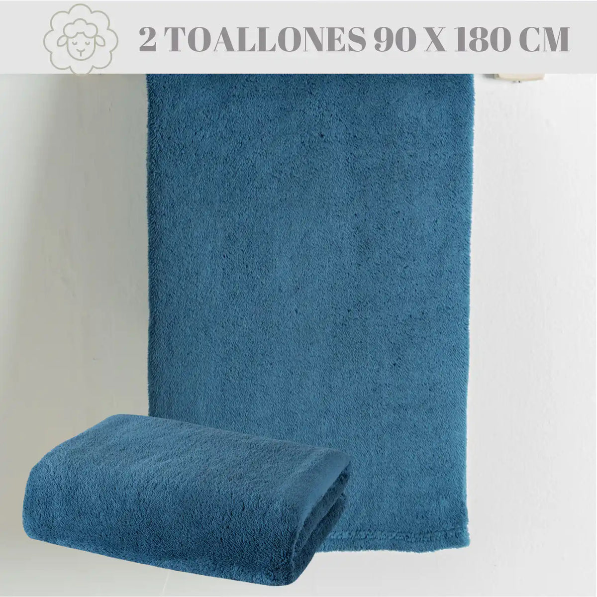 Set de 2 toallas de baño grandes de microfibra azul de 90x180 cm, con textura suave y absorbente.