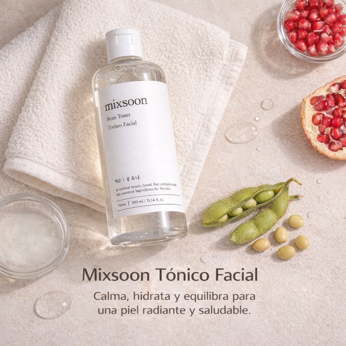 Sérum coreano Mixsoon Bean Tone de 300ml en envase con envase transparente y gotero para cuidado de la piel.