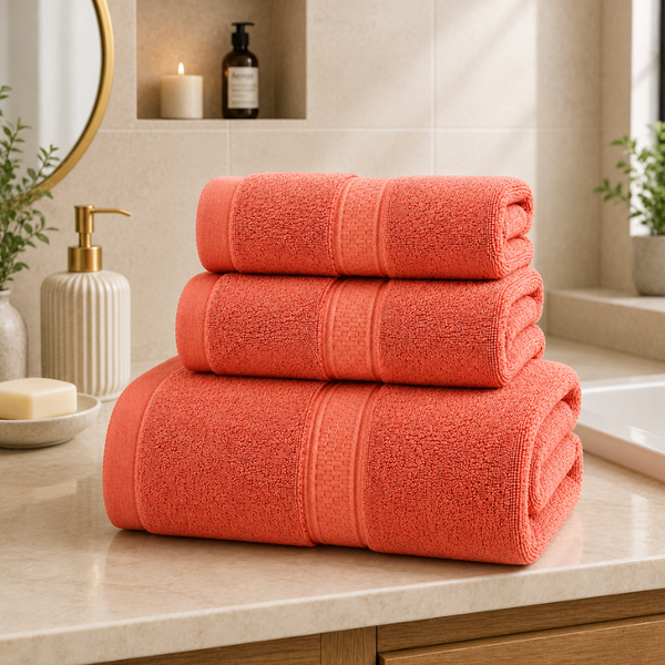 Tres toallas de baño y mano de algodón en colores variados, de la marca Enigma Store, con textura suave y absorbente.