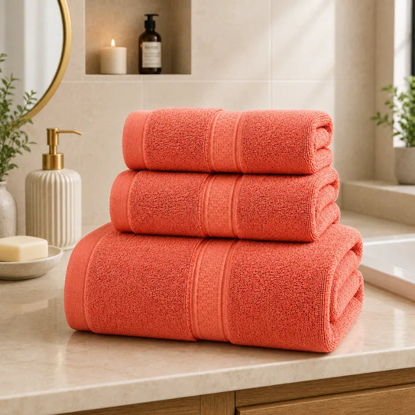 Tres toallas de baño y mano de algodón en colores variados, de la marca Enigma Store, con textura suave y absorbente.