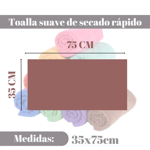 Seis toallas de mano de microfibra Enigma Store en colores variados, tamaño 35x75 cm, ideales para baño, spa y cocina.