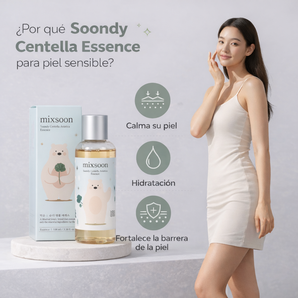 Esencia coreana Mixsoon Soondy Centella Asiatica en botella con gotero para cuidado de la piel.
