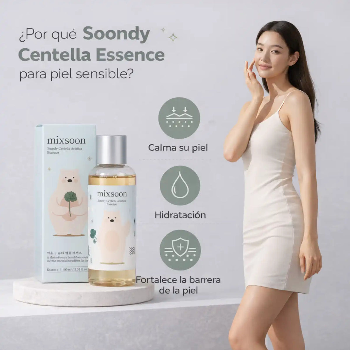 Esencia coreana Mixsoon Soondy Centella Asiatica en botella con gotero para cuidado de la piel.