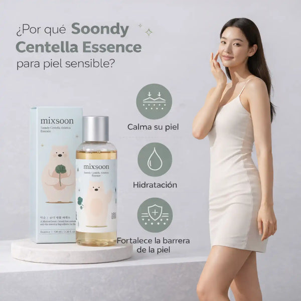 Esencia coreana Mixsoon Soondy Centella Asiatica en botella con gotero para cuidado de la piel.