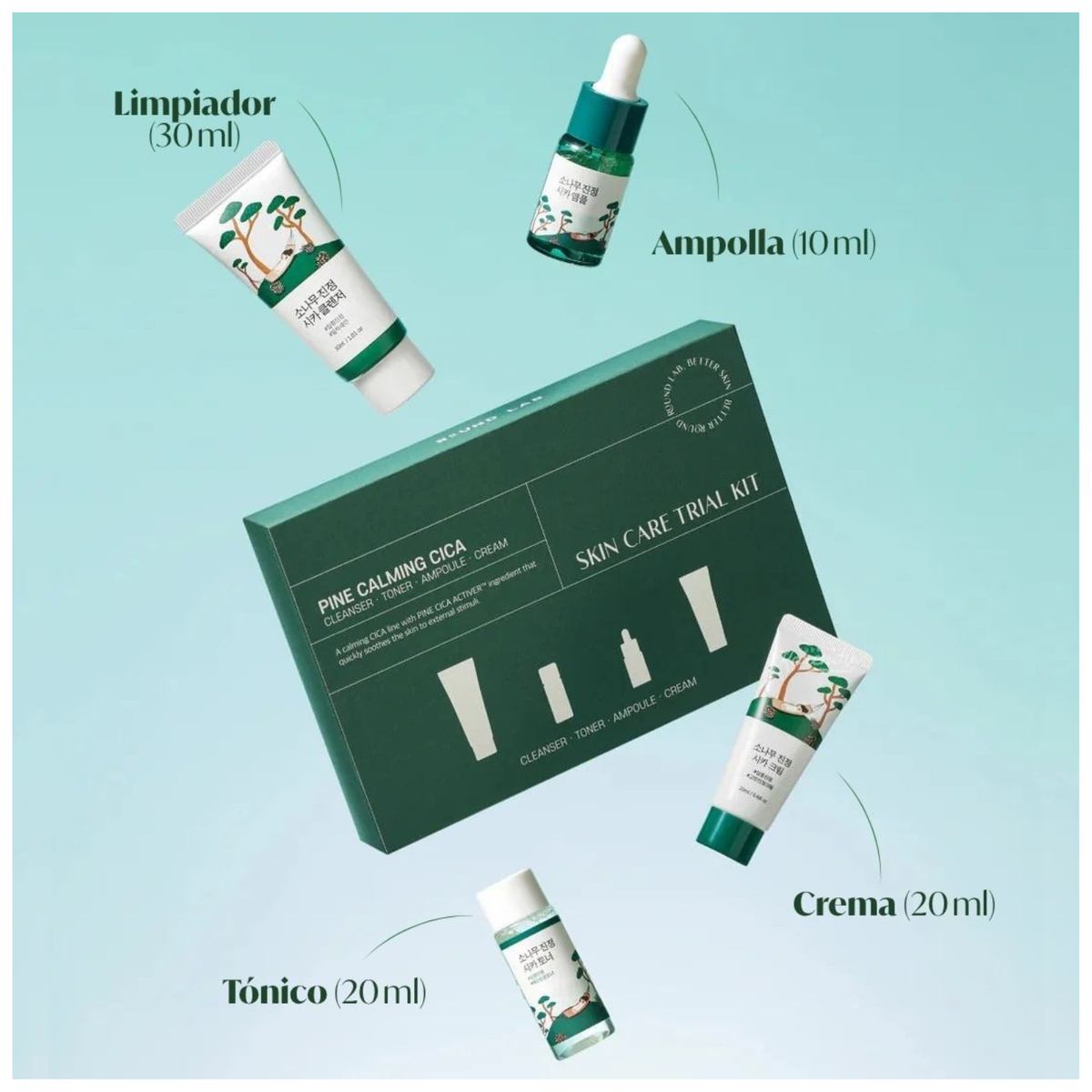 Kit de prueba de cuidado de piel coreano ROUND LAB Pine Calming Cica con frascos y muestras en envase blanco