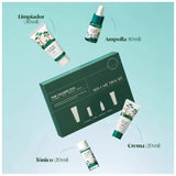 Kit de prueba de cuidado de piel coreano ROUND LAB Pine Calming Cica con frascos y muestras en envase blanco