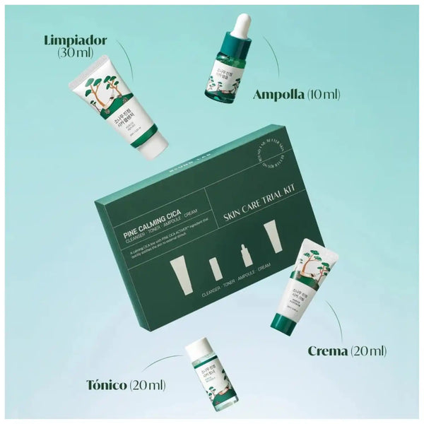 Kit de prueba de cuidado de piel coreano ROUND LAB Pine Calming Cica con frascos y muestras en envase blanco