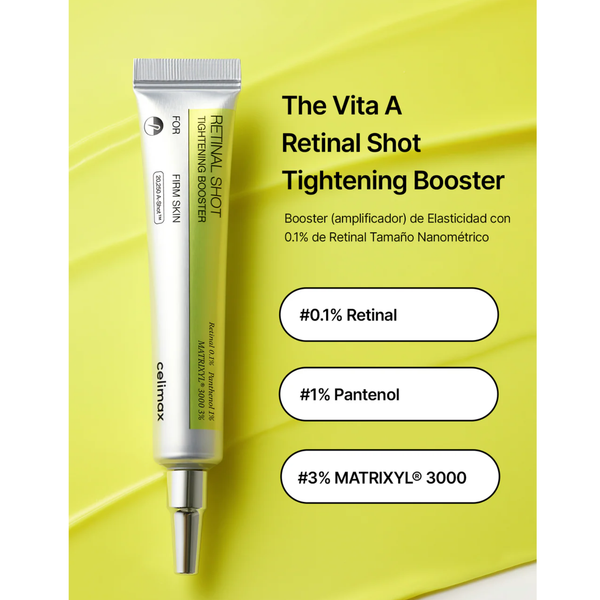 Suero coreano CELIMAX VITA-A Retinal Shot Tighting Booster en botella de 15ml, con envase y gotero visibles.