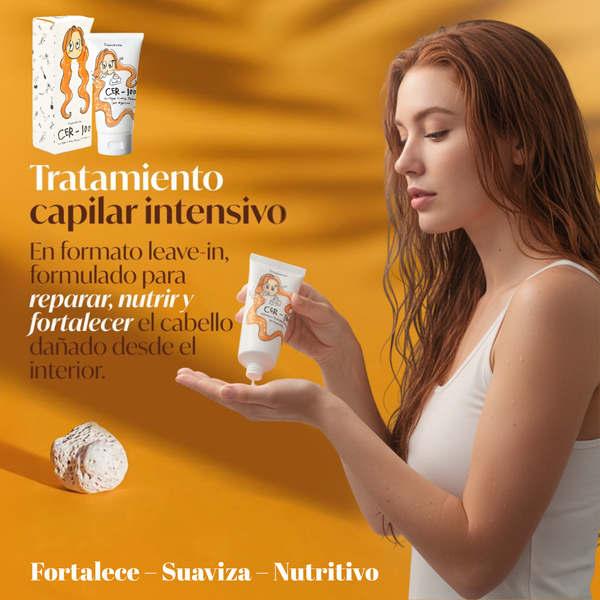 Tratamiento capilar Elizavecca CER-100 con colágeno y ceramidas en botella de 100 ml para cuidado del cabello.