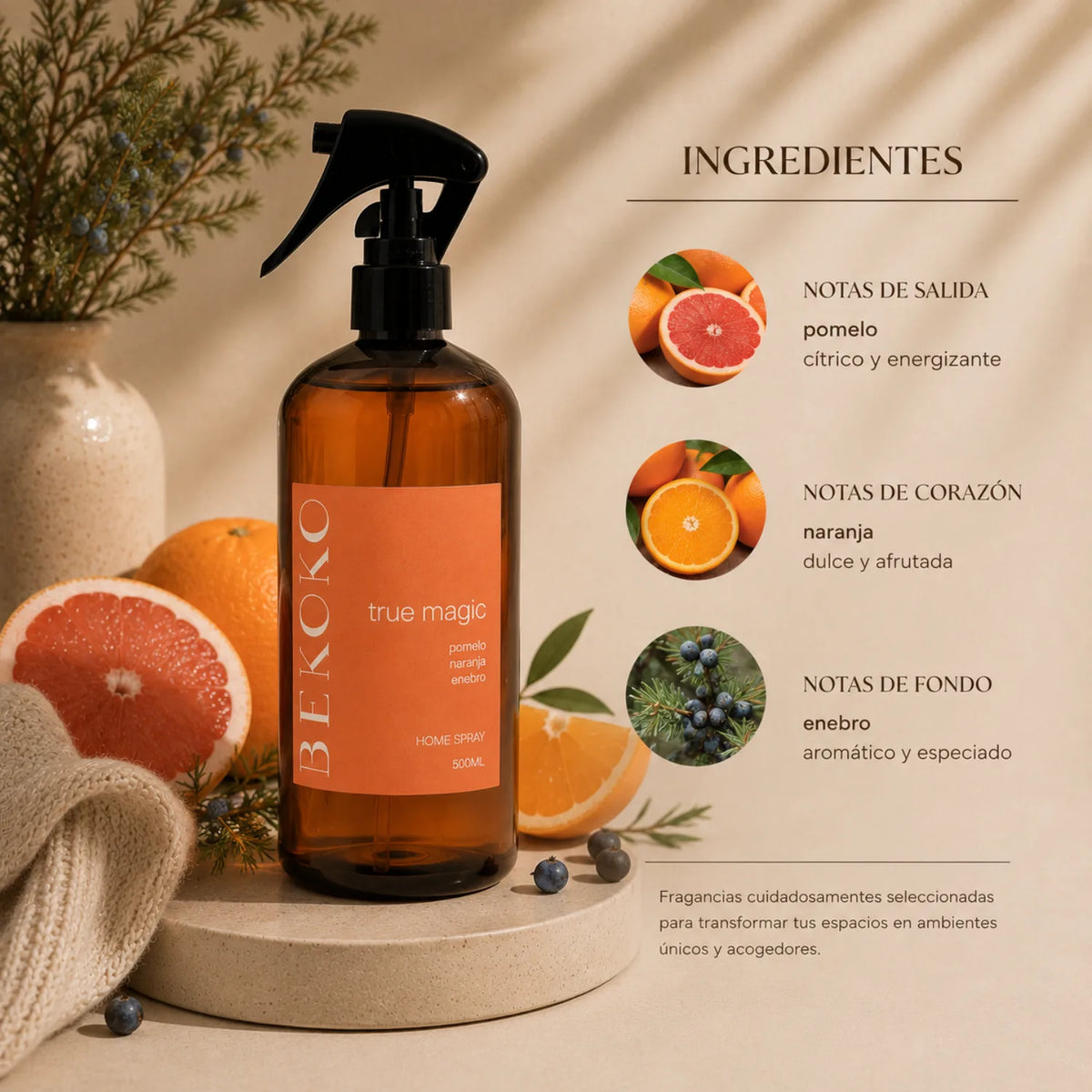 Aromatizante en spray BEKOKO True Magic de 500 ml, envase con spray para aromatizar espacios en el hogar.