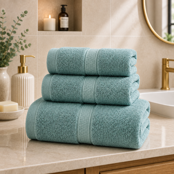 Conjunto de 3 toallas de algodón para baño y mano en tonos suaves, ideal para uso en hotel o en casa.