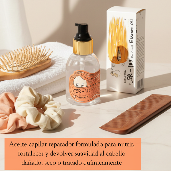Aceite de esencias para el cabello Elizavecca Cer-100 Hair Muscle Essence, frasco de 100 ml, con envase y aplicador visible.