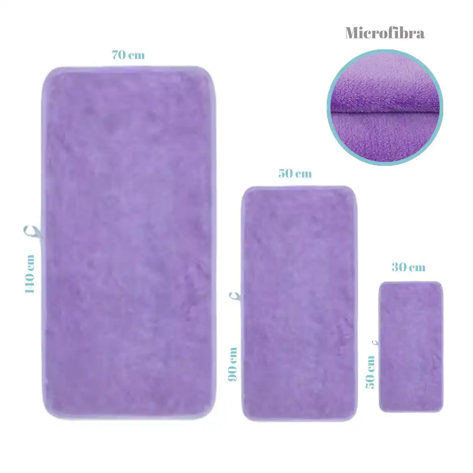 Set de 3 toallas de microfibra color lila para cuerpo, manos y cara, de la marca Enigma Store, con textura suave y absorbente.