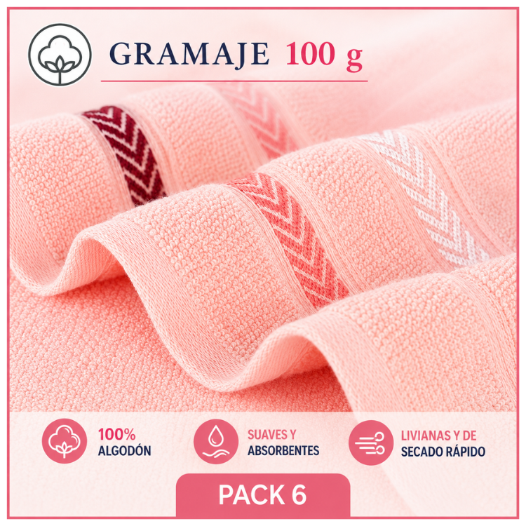 Seis toallas de manos de algodón para cocina y baño, en color blanco, con textura suave y tamaño compacto.
