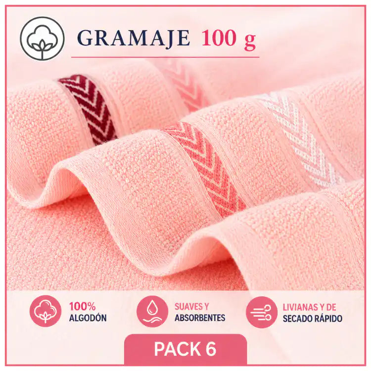 Seis toallas de manos de algodón para cocina y baño, en color blanco, con textura suave y tamaño compacto.