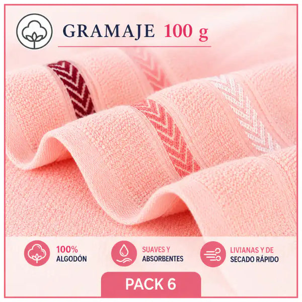 Seis toallas de manos de algodón para cocina y baño, en color blanco, con textura suave y tamaño compacto.