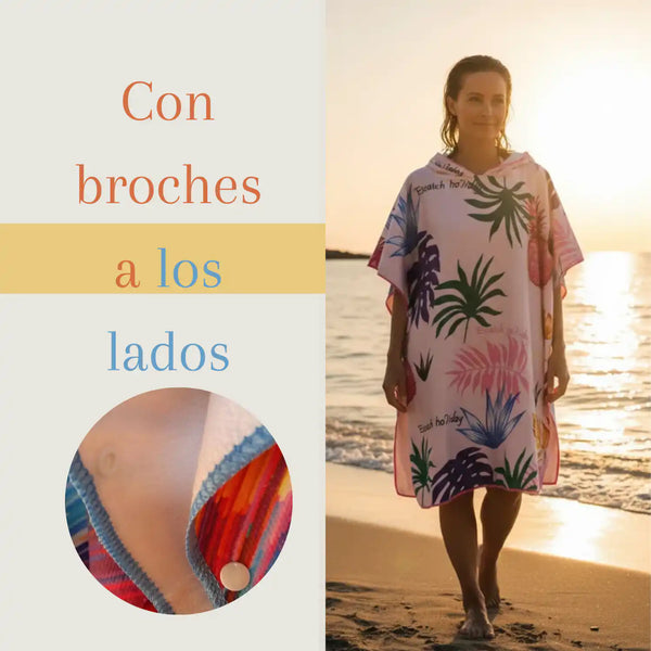 Toalla capucha de playa para adultos tipo surf poncho mujer, con broches, en color alegre y tejido suave de algodón.