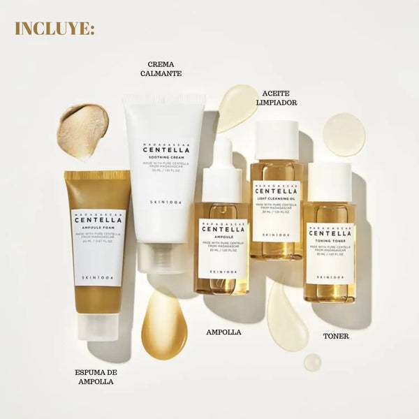 Kit de cuidado de la piel SKIN1004 Madagascar Centella, productos coreanos en envases de viaje para rutina facial.