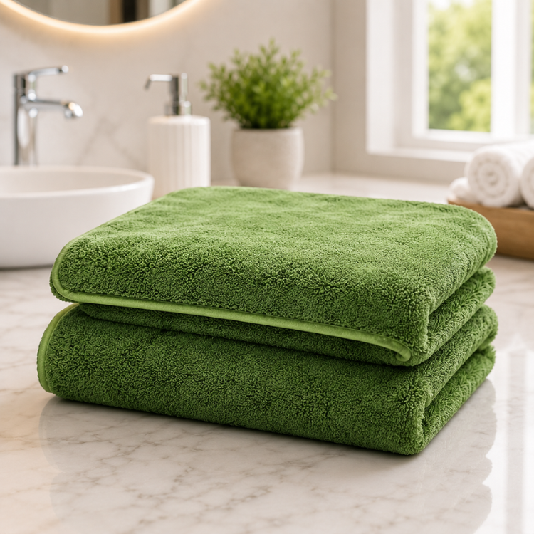 Set de 2 toallas de baño grandes de microfibra verde en tamaño 90x180cm, ideales para secado rápido y suave.
