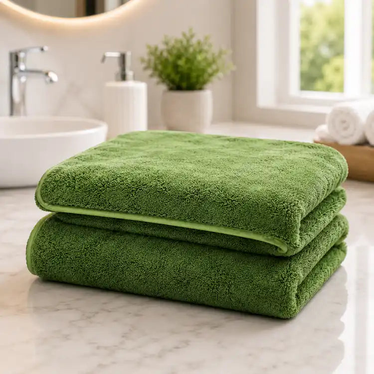 Set de 2 toallas de baño grandes de microfibra verde en tamaño 90x180cm, ideales para secado rápido y suave.