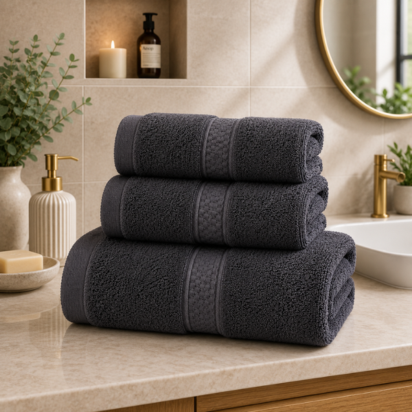 Set de 3 toallas de baño y mano de algodón en colores blancos y grises, de la marca Enigma Store, con textura suave y absorbente.