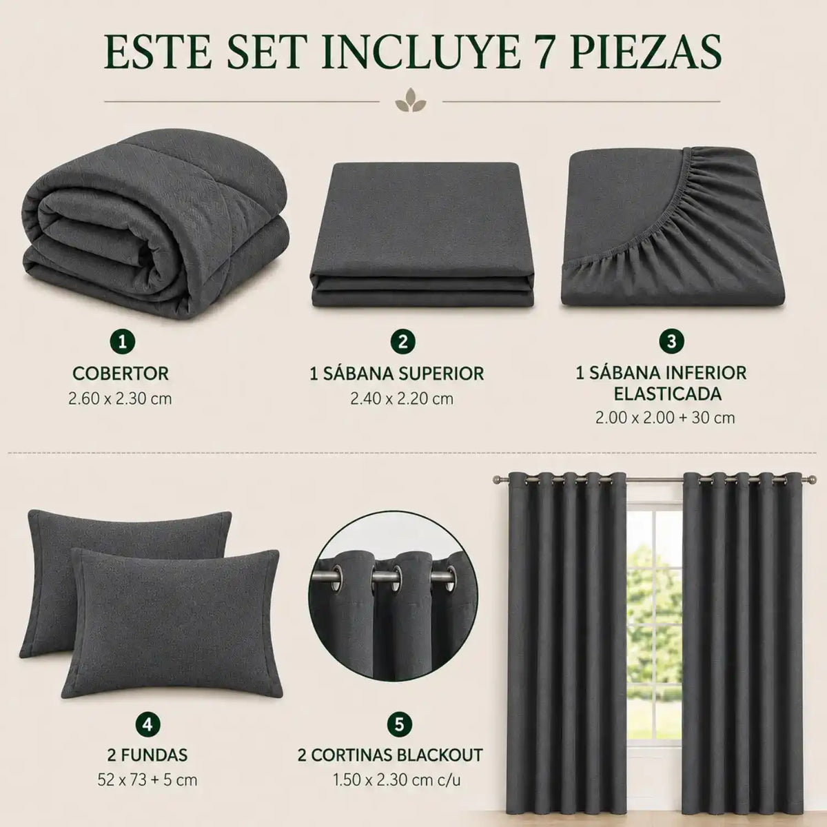Conjunto de cobertor Queen de 7 piezas en color gris oscuro, incluye mantas y fundas, de la marca Enigma Store.