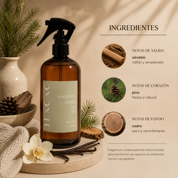 Spray aromatizante para el hogar Woodland Vainilla de Enigma Store, frasco de 500 ml con diseño elegante.