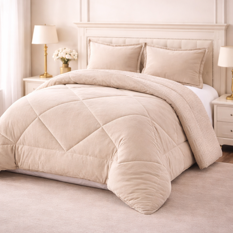 Cobertor beige y fundas premium Enigma Store, conjunto de cobertores suaves y elegantes para el hogar.