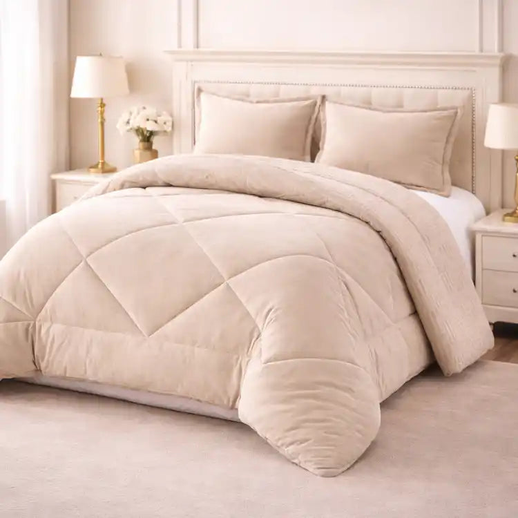 Cobertor beige y fundas premium Enigma Store, conjunto de cobertores suaves y elegantes para el hogar.