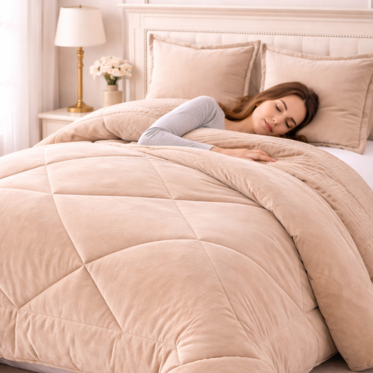Cobertor beige con fundas premium de la marca Enigma Store, tejido suave y elegante para sofá o cama.