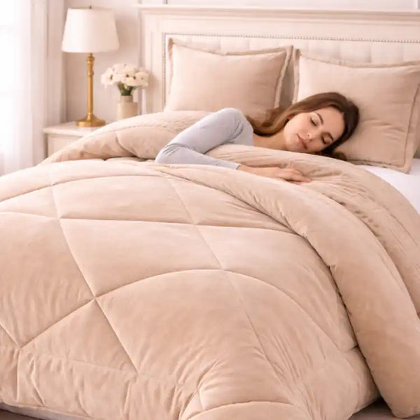Cobertor beige con fundas premium de la marca Enigma Store, tejido suave y elegante para sofá o cama.