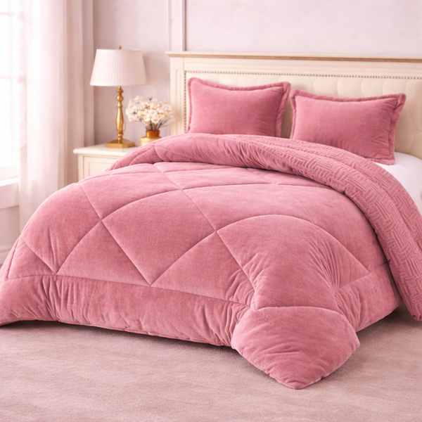 Cobertor rosa con fundas premium de la marca Enigma Store, mostrando textura suave y diseño elegante.