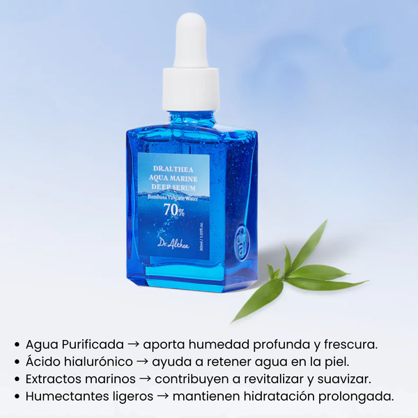 Suero profundo Aqua Marine de Dr Althea, en frasco de 30ml, con envase y textura del producto para cuidado facial.