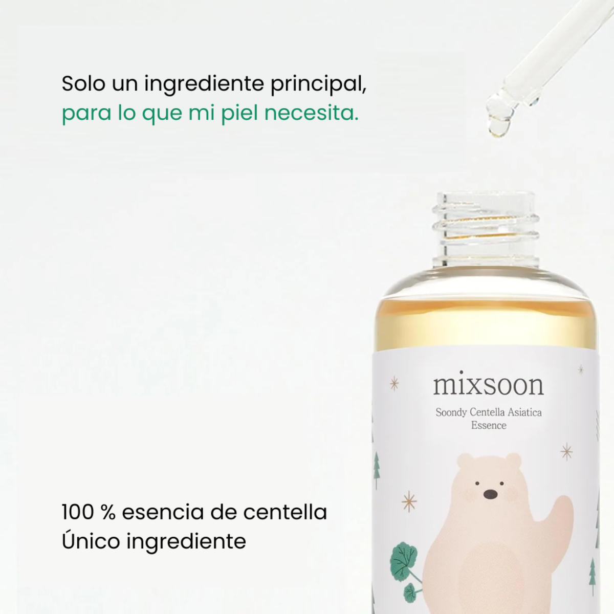Esencia coreana Mixsoon Soondy Centella Asiatica en frasco con gotero para cuidado facial.